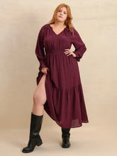 Burgundy Swiss Dot Tiered Maxi Dress with Belt Long Sleeve Maxi Dresses