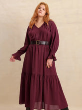 Burgundy Swiss Dot Tiered Maxi Dress with Belt Long Sleeve