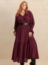 Burgundy Swiss Dot Tiered Maxi Dress with Belt Long Sleeve