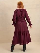Burgundy Swiss Dot Tiered Maxi Dress with Belt Long Sleeve Maxi Dresses