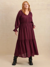 Burgundy Swiss Dot Tiered Maxi Dress with Belt Long Sleeve