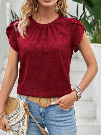 Burgundy Textured Flutter Sleeve Blouse for Women Burgundy