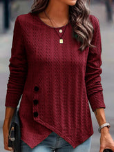 Burgundy Textured Long Sleeve Top with Decorative Button Rust