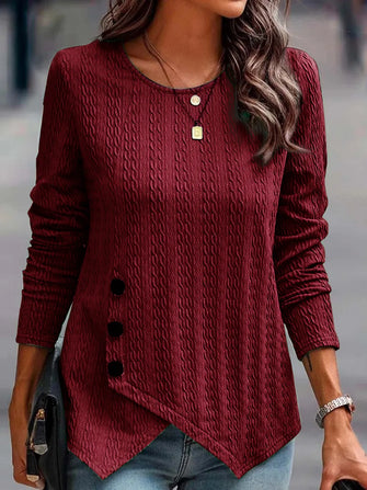 Burgundy Textured Long Sleeve Top with Decorative Button Rust