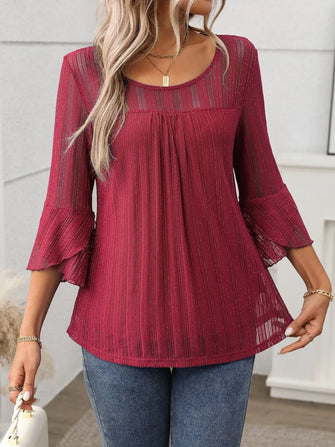 Burgundy Textured Sheer Blouse with Bell Sleeves Deep Purple