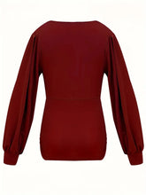 Burgundy V-Neck Balloon Sleeve Blouse for Women