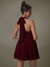 Burgundy Velvet Halter Evening Dress with Ruched and Lace Detail