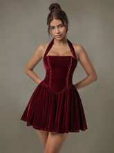 Burgundy Velvet Halter Evening Dress with Ruched and Lace Detail