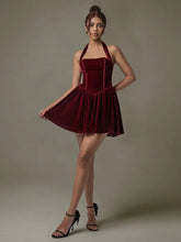 Burgundy Velvet Halter Evening Dress with Ruched and Lace Detail Evening Dresses
