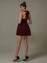 Burgundy Velvet Halter Evening Dress with Ruched and Lace Detail