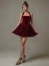 Burgundy Velvet Halter Evening Dress with Ruched and Lace Detail Evening Dresses