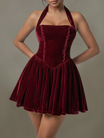 Burgundy Velvet Halter Evening Dress with Ruched and Lace Detail Burgundy
