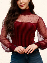 Burgundy Velvet Polka Dot Mesh Top for Women Burgundy