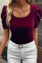 Burgundy velvet puff sleeve top with scoop neck