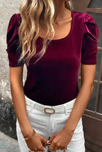 Burgundy velvet top with scoop neck puff sleeves