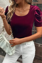 Burgundy satin puff sleeve top with gold chain strap and scoop neck