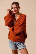 Burnt orange hooded textured cardigan with zip and bell sleeves