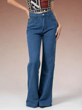 Blue high-waisted butterfly back wide leg jeans in denim with classic five-pocket design and button closure