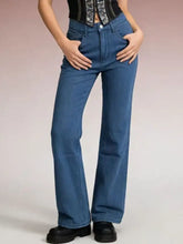 Blue denim butterfly back wide leg jeans with classic five-pocket design and subtle fading in wide leg jeans style