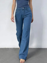 Blue denim butterfly back wide leg jeans with straight-leg cut and classic five-pocket design