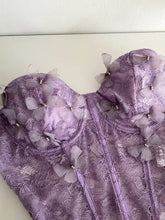 Delicate lavender butterfly lace tube adorned with sheer 3D butterfly appliqués and subtle metallic accents