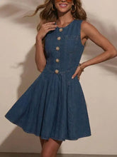 Blue denim sleeveless dress with gold-toned floral buttons down the front perfect as a sleeveless denim dress