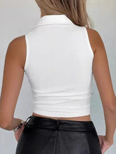 White sleeveless collared neck tank with button detail and ribbed hem in soft cotton fabric for casual wear