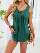 Soft teal round neck tank with gathered neckline and three dark buttons down the front in lightweight fabric