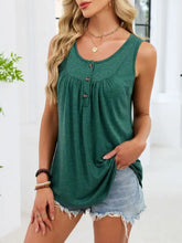 A soft dark green sleeveless round neck tank with button detail and relaxed fit ideal for casual wear