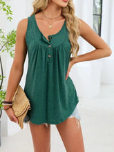 A soft teal sleeveless round neck tank with button-front detail and a relaxed fit perfect for casual wear