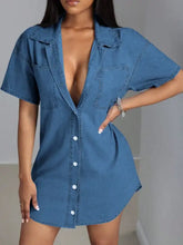 Blue denim dress with collared neck short sleeves button front made from slightly stretchy fabric