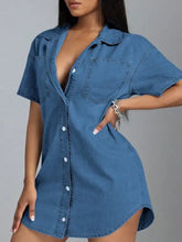 Blue denim dress with button front short sleeves collared neck made of slightly stretchy denim fabric