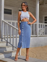 Blue denim skirt midi length with front button closure and side slit made from cotton blend machine wash cold