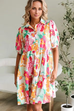 Button Down Floral Puff Sleeve Babydoll Dress Strawberry Casual Dresses
