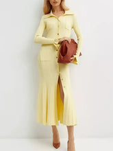 Pale yellow ribbed knit Button-Down Flounce Sleeve Sweater Dress with collar, buttons, flared sleeves