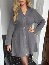 Gray ribbed knit button-down cardigan sweater dress with V-neck
