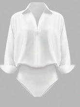 White satin long sleeve bodysuit with rolled cuffs and relaxed fit for elegant all-day wear