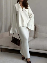 White knit bell-sleeve cardigan with collar in Button Down Knit Set