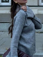 Button Down Long Sleeve Heather Gray Knit Cardigan with High Collar