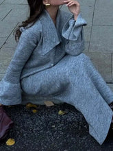 Cozy heather gray knit dress with draped collar and flared sleeves in Button Down Long Sleeve Cardigan and Skirt Knit Set