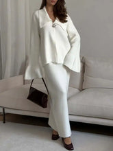 White bell-sleeved knit top with collar and button front of Button Down Long Sleeve Cardigan and Skirt Knit Set