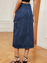 Button down midi denim skirt in classic dark blue wash with high waist and large side patch pocket
