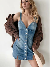Blue denim mini cami dress with corset style, white buttons, and side slit for stylish casual wear