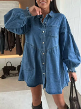 Blue denim button down mini denim dress with puffed sleeves heart shaped buttons and front pockets