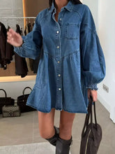 Button down mini denim dress in blue with puffed sleeves heart-shaped buttons and front pockets in denim fabric