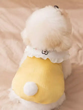 Yellow pet jumpsuit with ruffle collar, textured coat, pom-pom tail