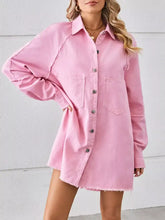 Pink oversized button-down denim dress with raw hem and frayed detail in raw hem denim fabric