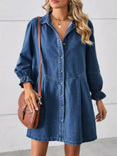 Blue denim dress with long sleeves and ruffle cuff detail made of machine wash fabric