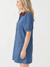Blue denim dress with brown corduroy collar and puff sleeves machine wash cold button-down short sleeve denim dress