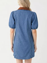 Blue denim dress with brown corduroy collar and puffed short sleeves designed for easy machine wash care